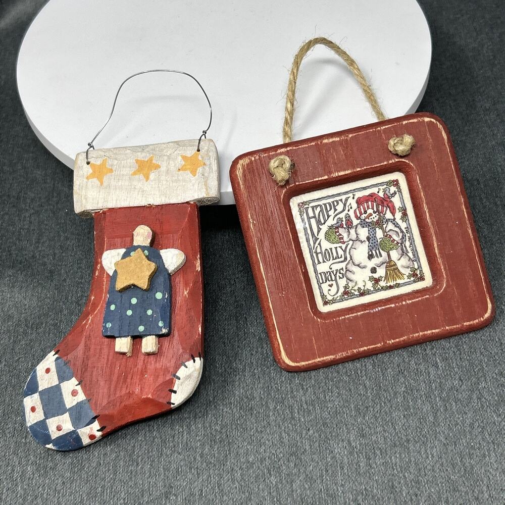 Vintage Wooden Christmas Ornaments 1993 Snowman Happy Holly Days Angel Stocking